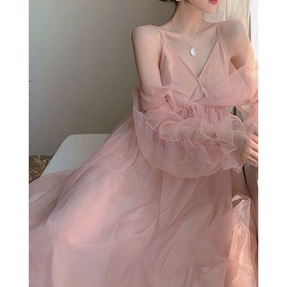 Váy 2 dây hai dây tay phồng tay bồng voan dáng dài maxi hồng