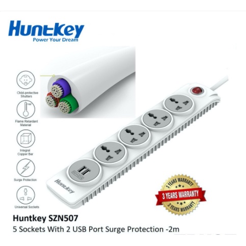 Ổ Cắm Điện Đa Năng Huntkey SZN507 4 Chân/2 USB Chống Sét Dây Dài 3m - Hàng Chính Hãng