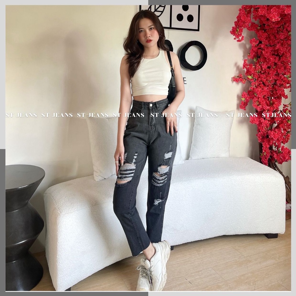 (Hottrend) Quần Jeans  Baggy Rách  Đen Loang  Nữ Lưng Cao Tôn Dáng Shop MaiKa Jeans [Hình tự chụp ]