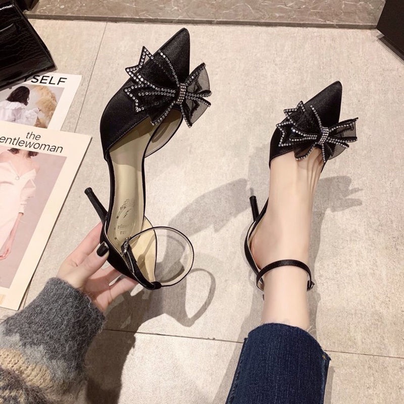 Giày Cao Gót Mũi Nhọn Đính Nơ Phong Cách Mới Cho Nữ