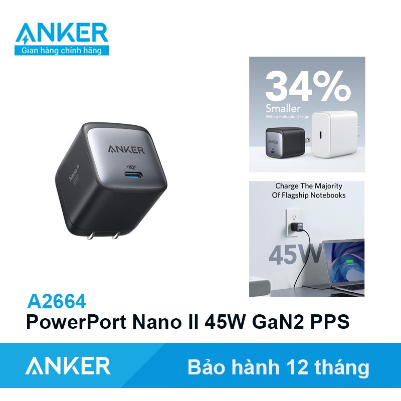 Sạc Anker PowerPort Nano II 45W GaN Thế hệ 2 PPS Sạc nhanh Iphone Siêu nhanh Samsung - Mã A2664