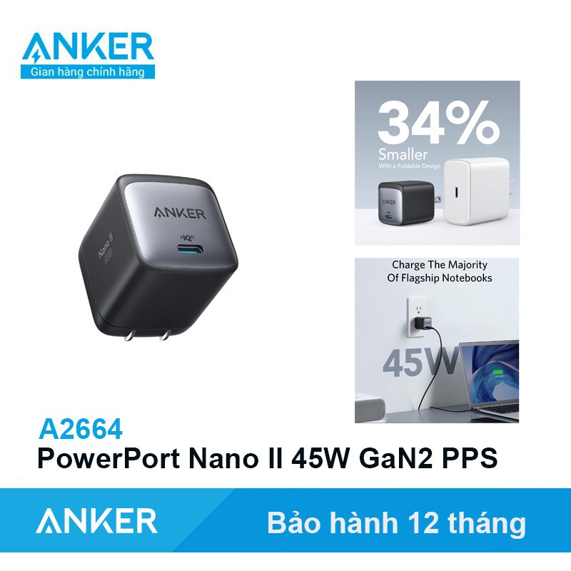 Sạc Anker PowerPort Nano II 45W GaN Thế hệ 2 PPS  Sạc nhanh Iphone Siêu nhanh Samsung  - Mã A2664