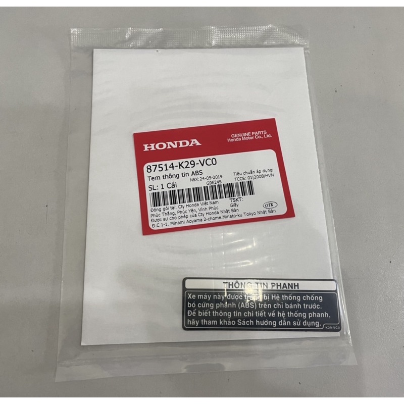 Tem thông tin ABS SH SH MODE chính hãng honda