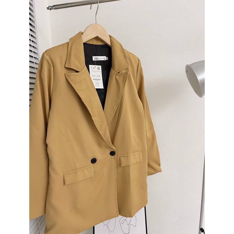 Áo vest blazer nữ vàng trơn thiết kế dáng rộng thụng trẻ trung, Áo khoác thu đông nữ rẻ đẹp sang trọng