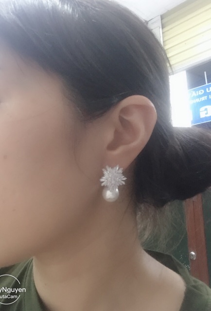 Khuyên tai mặt dây chuyền bông tuyết đính Ngọc trai nhân tạo bạc thật xi kim cỡ to