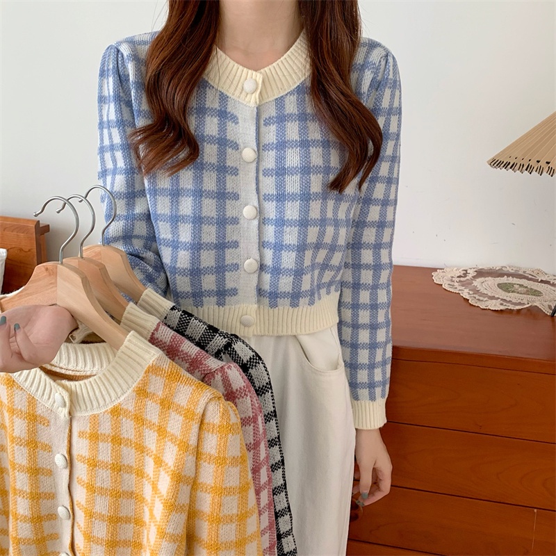 SUXI Áo sweater dệt kim tay dài dáng ngắn họa tiết sọc caro thời trang vintage cho nữ