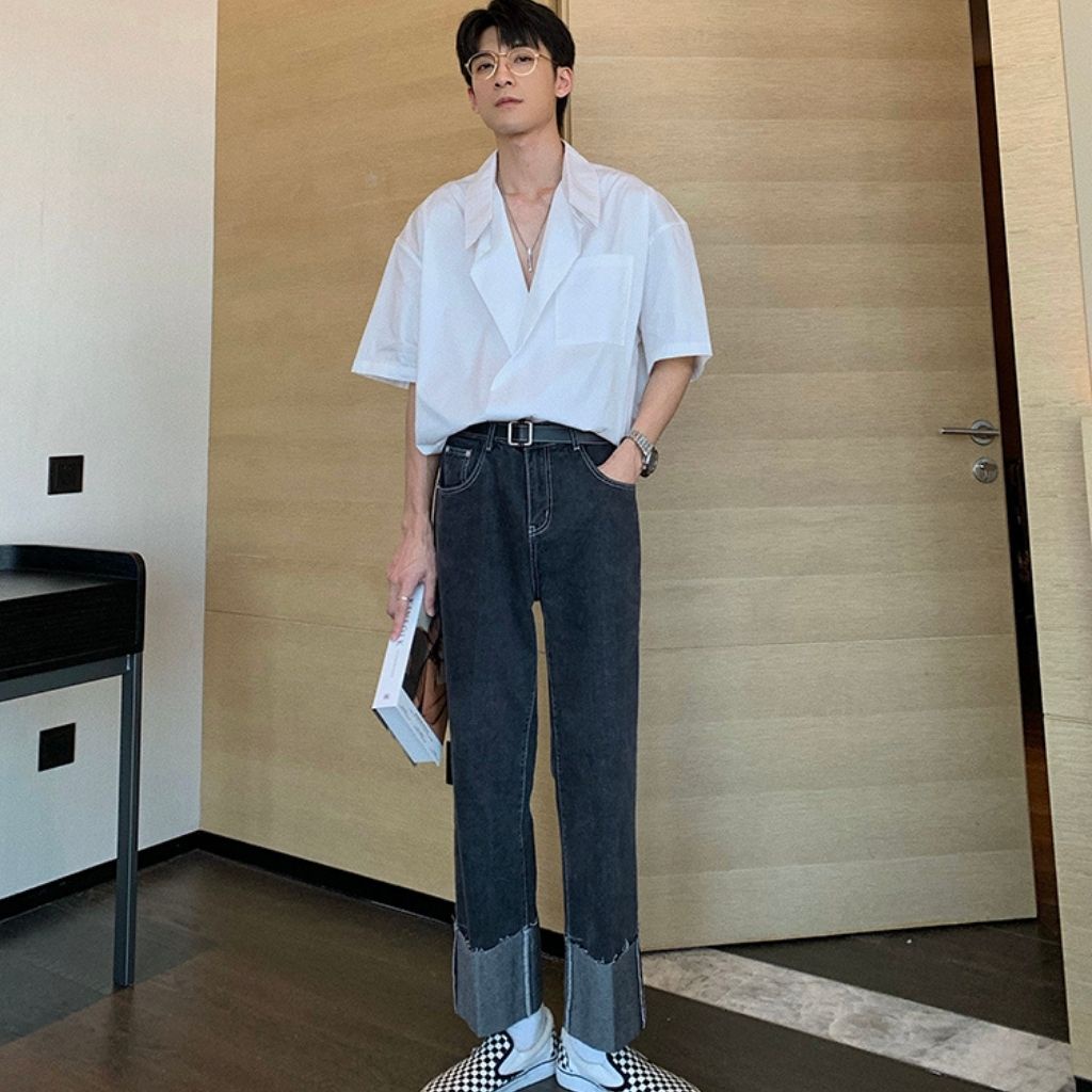 Quần ống rộng Tunoma quần bò ống suông sắn gấu unisex phong cách Hàn quốc QB01