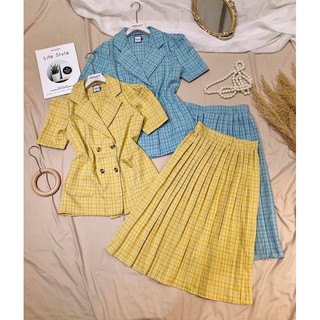 Set áo vest + chân váy dập ly