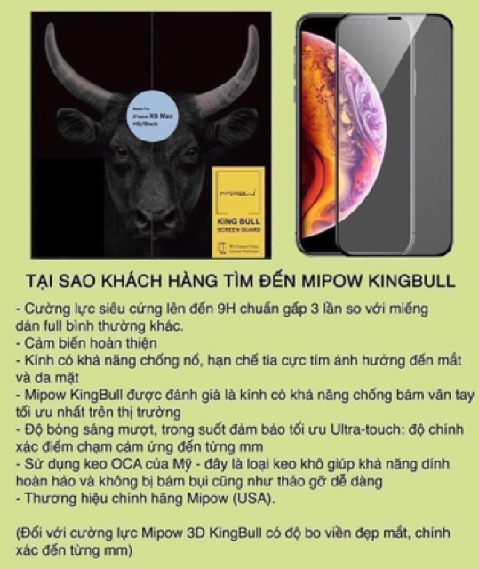 Kính cường lực  MIPOW Kingbull 3D cho iPhone X/XR/Xsmax/11/11pro/11 pro max