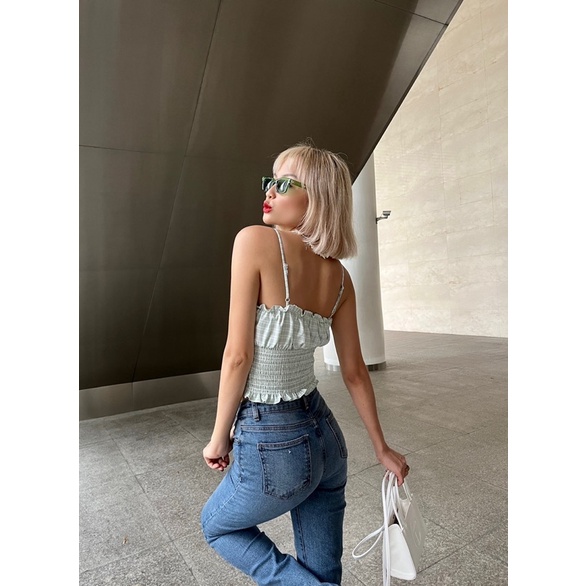 Croptop nữ ống bo chỉ eo đính nơ ngực xanh mint trendy MIEU - JM14