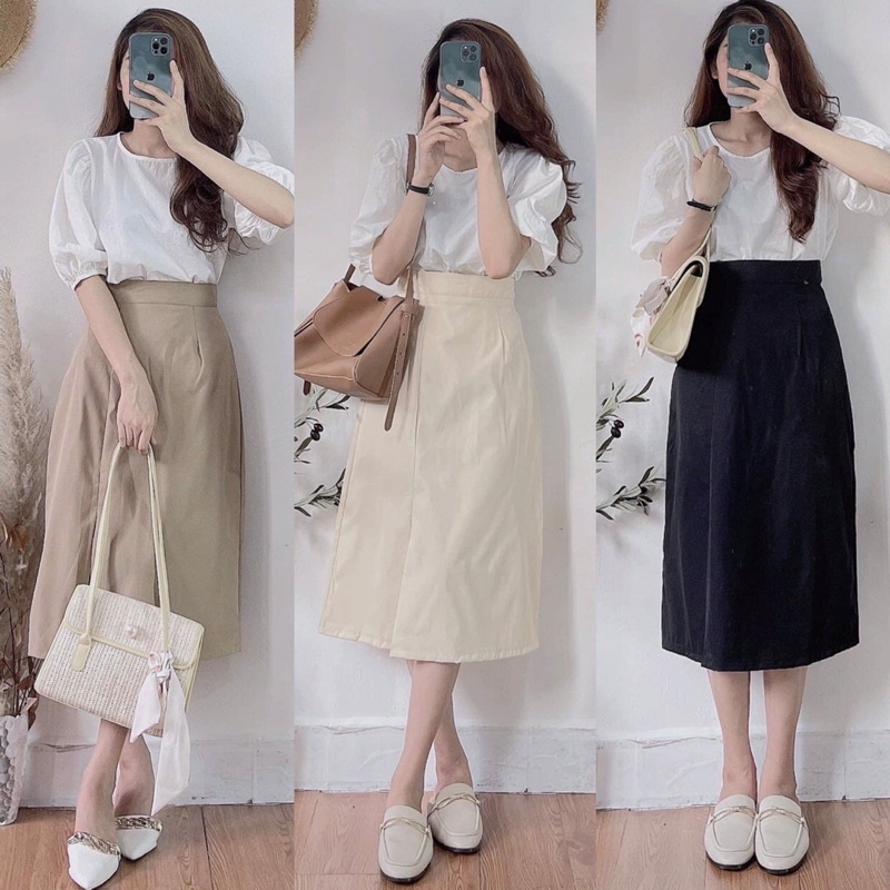 Chân váy dài chữ A công sở thiết kế xẻ tà, phong cách Ulzzang Hàn Quốc