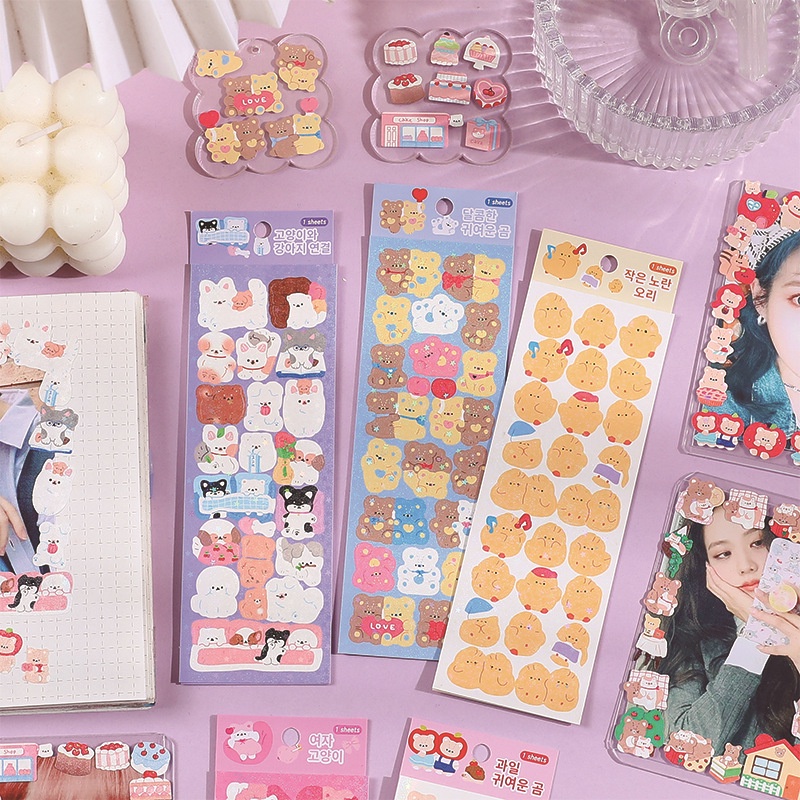 Zanmo tờ nhãn dán sticker động vật gấu thỏ mèo cún kim tuyến lấp lánh trang trí toploader