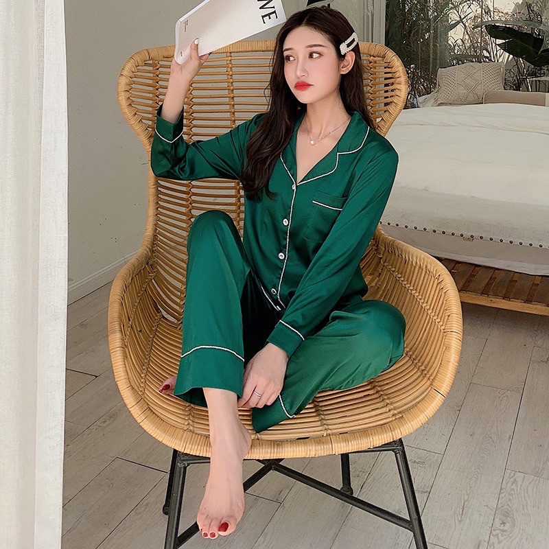 Bộ pijama lụa trơn áo dài quần dài mặc nhà xinh