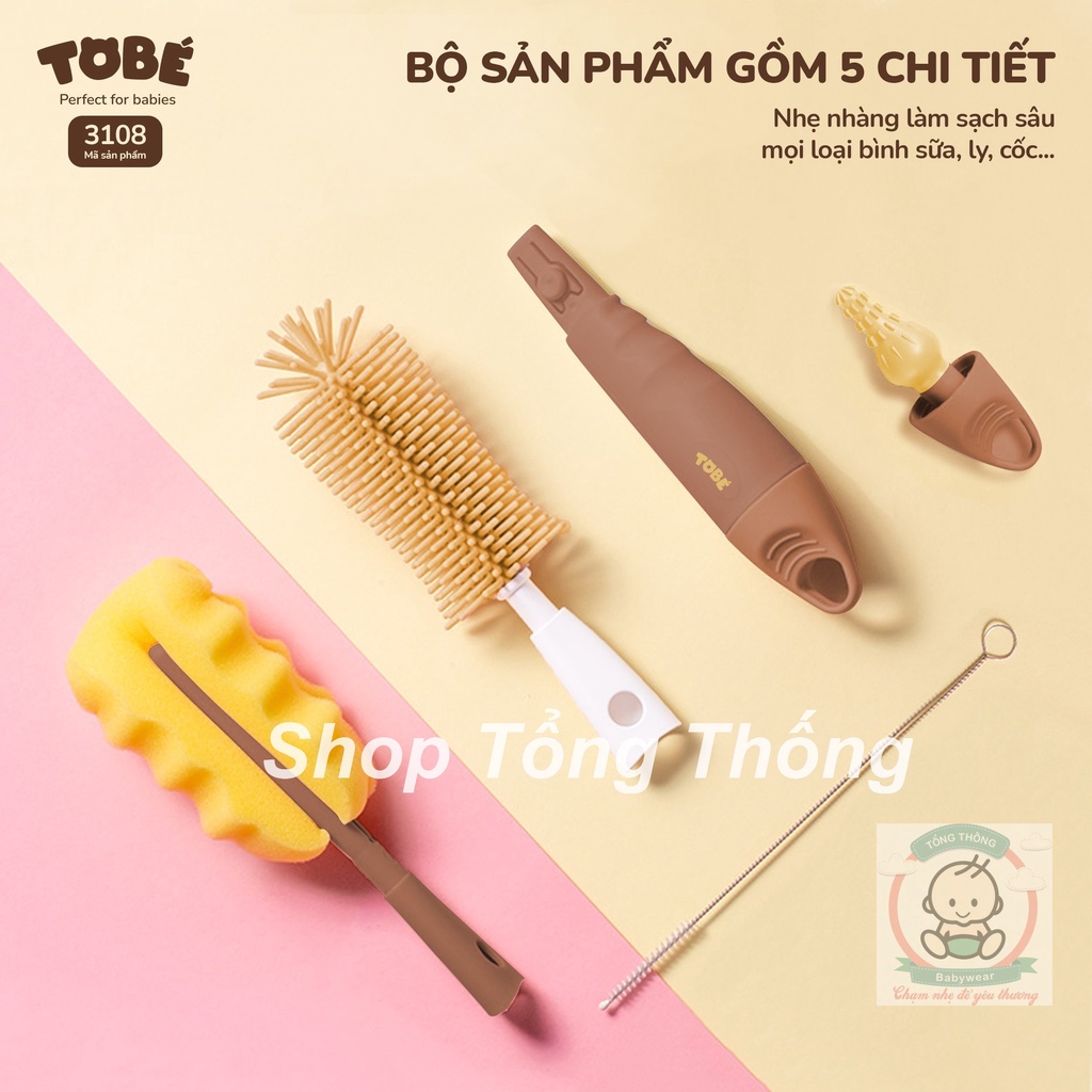 Bộ cọ bình sữa Silicone tobe 5 chi tiết cao cấp đa năng siêu bền bỉ thuận