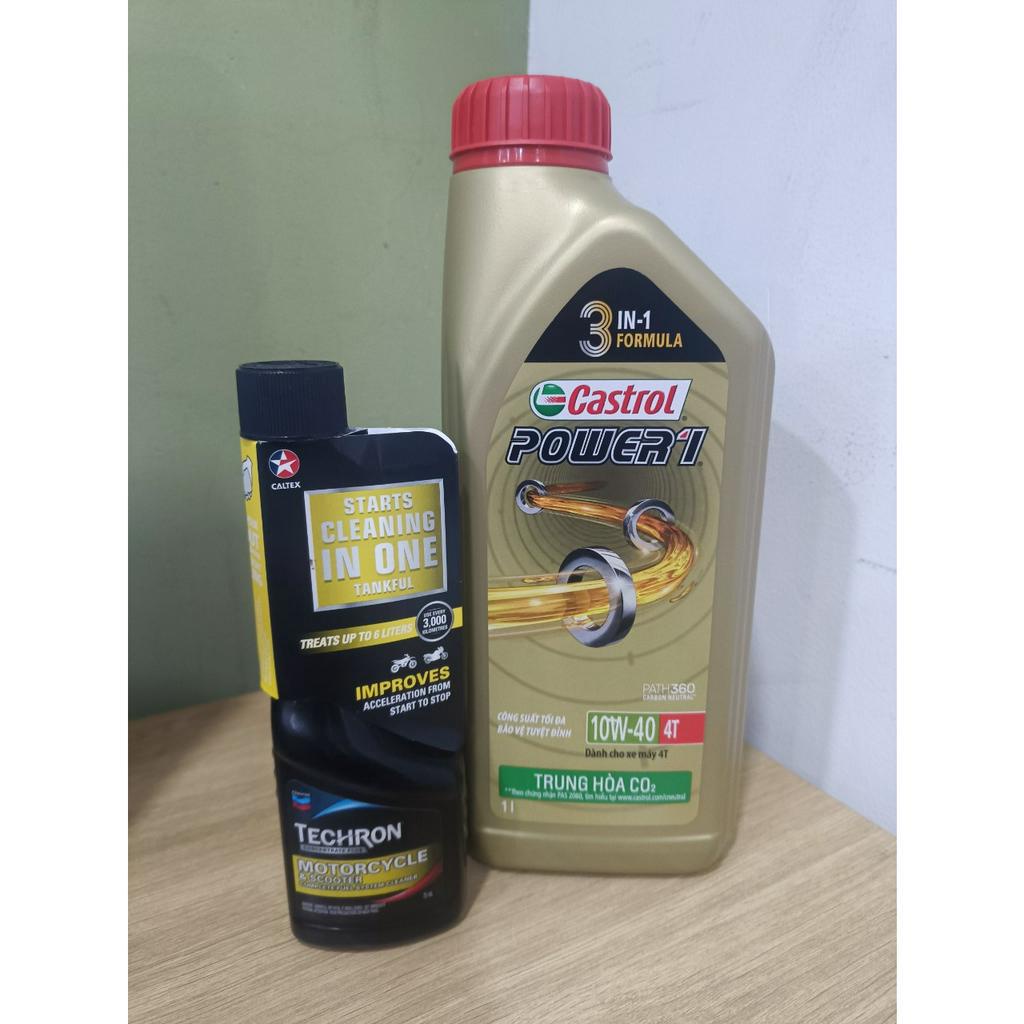 Combo Bình 1L Dầu nhớt cao cấp cho xe số CASTROL POWER-1 10W40 1000ml + KÈM Phụ gia Caltex Techron Concentrate Plus 75ml