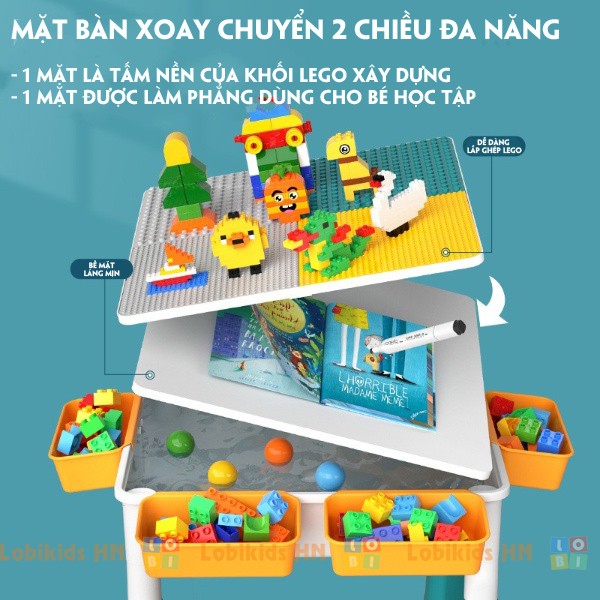 Bàn lego xây dựng lắp ghép đa năng, bao gồm 102 khối lắp ráp, 80 khối đồ chơi thả bi, 01 ghế tai thỏ cho bé - Lobikids