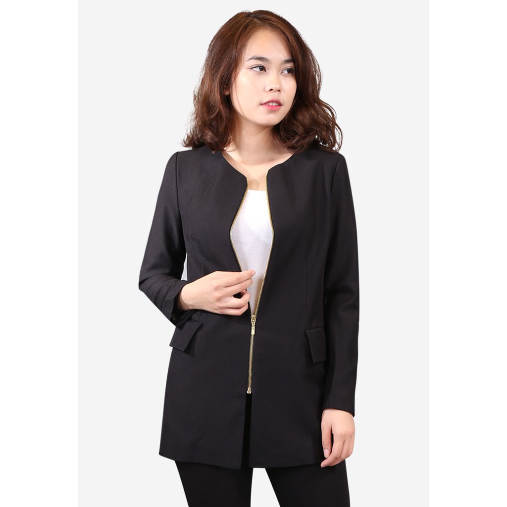 Áo vest 2 lớp tay dài bò đen dáng dài khóa kéo 2 nắp túi The One Fashion AVB055DE4