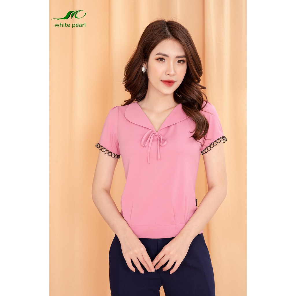Sơ mi bo gấu nữ thời trang công sở cao cấp tay ngắn cổ bẻ chất vải mềm mịn đỏ đen trắng hồng xanh WHITE PEARL