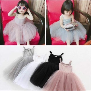Đầm thun dây xòe phối lưới cho bé