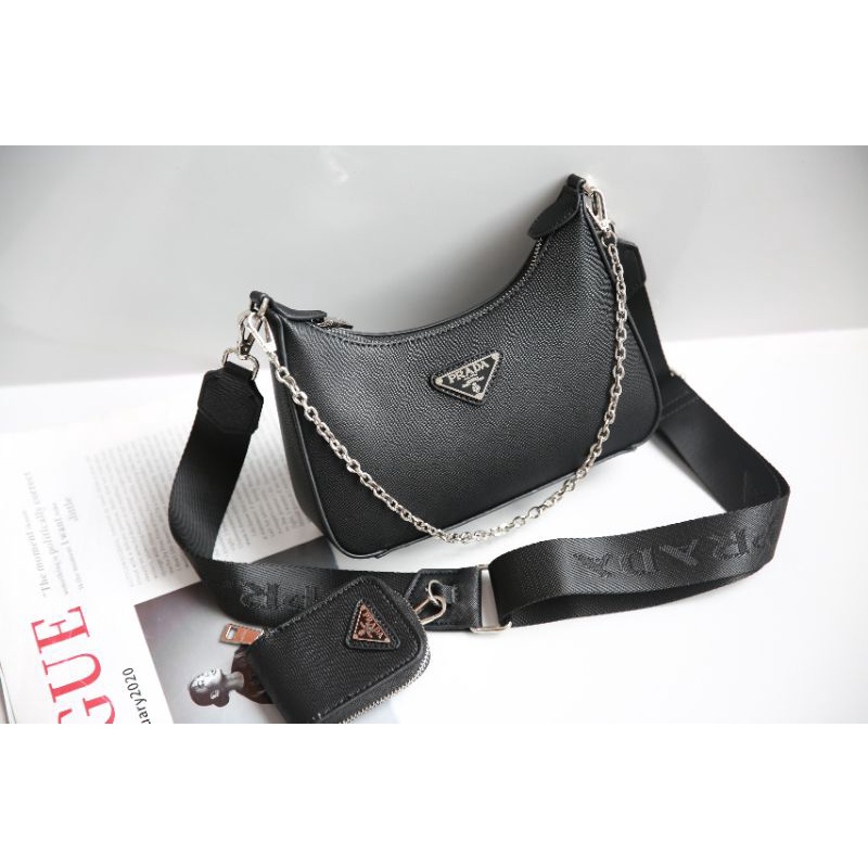 Túi chéo nữ Pra.da da xước sz25cm kèm quai đeo bản to+dây xích+ví nhỏ fullbox