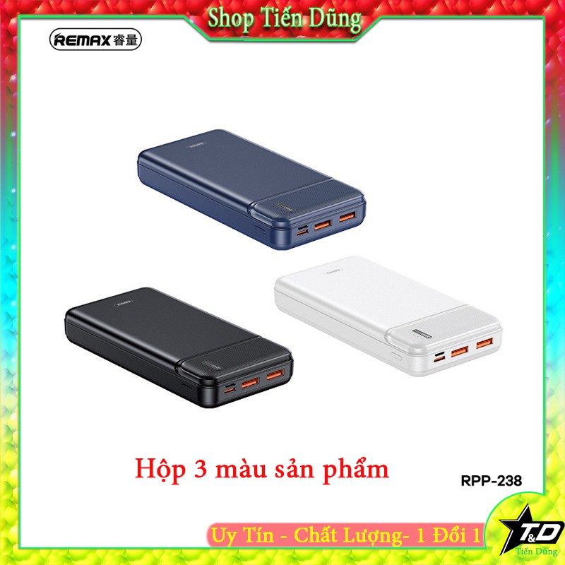 Pin sạc dự phòng 20000mAh 22.5w QC + PD remax RPP 238 có 2 cổng USB