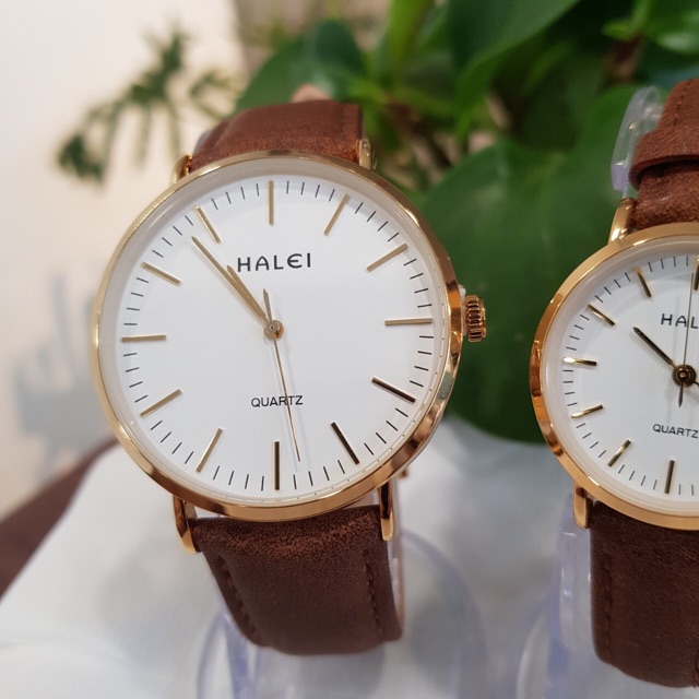 Đồng hồ đôi nam nữ Halei dây da nâu mặt số vạch chính hãng Tony Watch 68