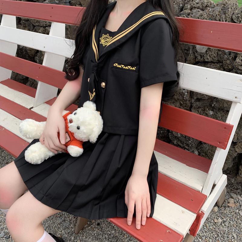 Bộ Đồng Phục Học Sinh Gồm Áo Cổ Thủy Thủ + Chân Váy Xếp Ly Kẻ Sọc Caro Phong Cách Goth JK