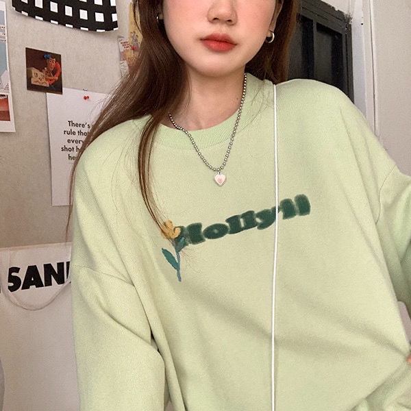 Áo Sweater Dáng Rộng In Họa Tiết Hoa Và Chữ Phong Cách Hàn Quốc Mới Cho Nữ