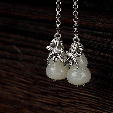 Bông Tai Bạc 925 Hình Quả Bầu Đính Đá Ngọc Bích Thời Trang Cho Nữ