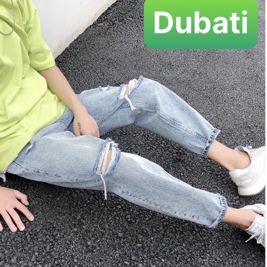 Quần Jean Nam Rách Gối Xanh Trơn, Quần Baggy Jeans Nam Unisex- DB 46- DUBATI FASHION