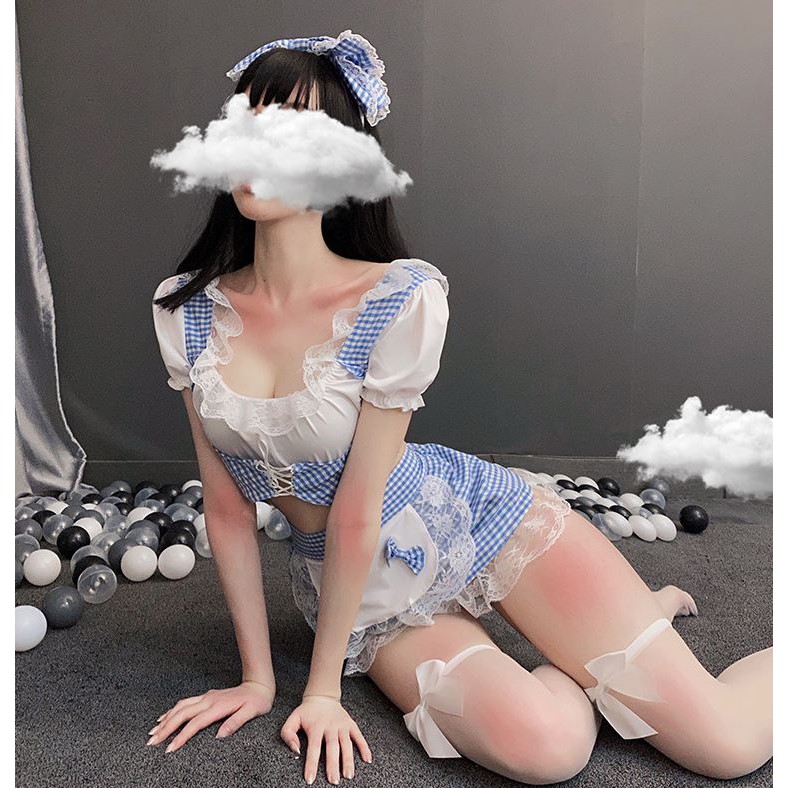 [Mã FAXANH245 giảm 10K đơn 50K] Cosplay nàng hầu kèm nơ cài tóc xinh xắn xanh trắng caro mẫu mới, cosplay sexy người hầu