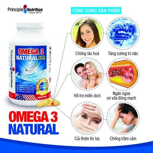 Viên uống bổ sung từ dầu cá tự nhiên OMEGA 3 NATURAL FISHOIL 1000MG PRINCIPLE NUTRITION USA