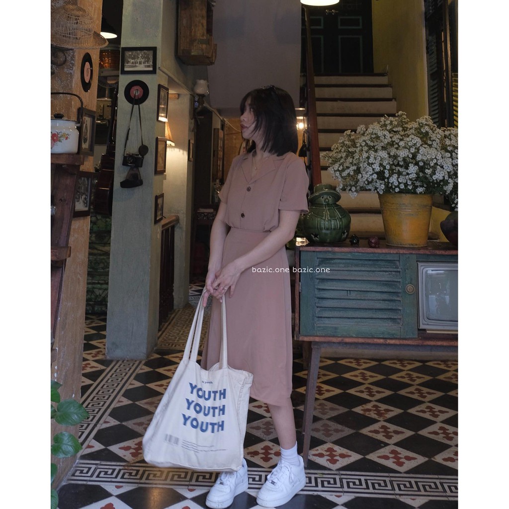 Set Áo Cổ Vest Mix Chân Váy Dài Midi Nude - Bộ đồ nữ thời trang mix sẵn Áo cổ vest + chân váy chữ A dài vintage Nâu Be