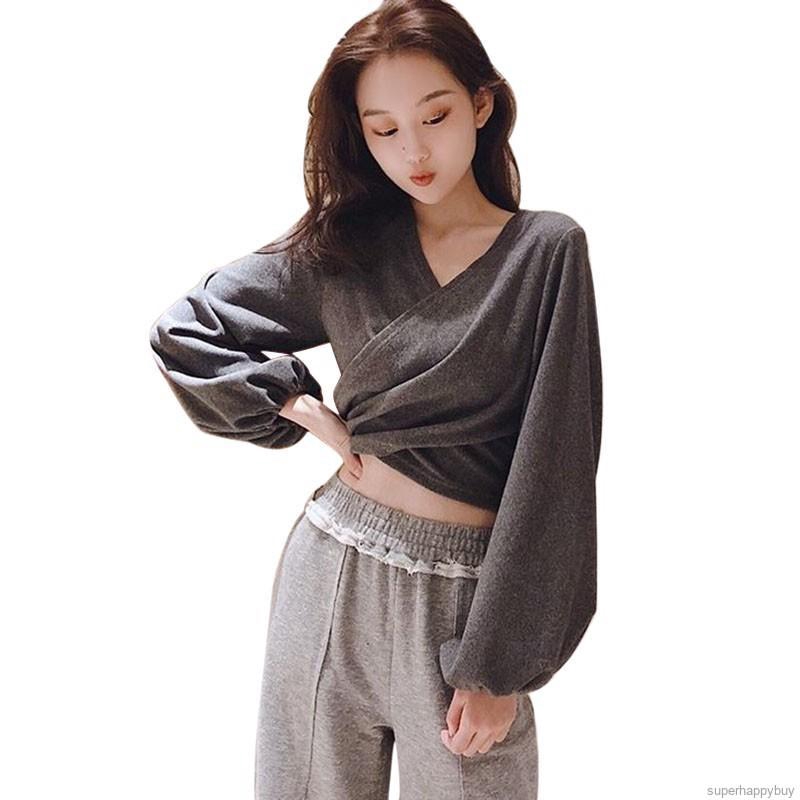 Áo kiểu tay dài thiết kế cổ chữ V quyến rũ