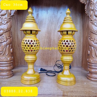 Cặp đèn thờ gỗ xà cừ cao 36cm màu vàng loại 1 mẫu mới