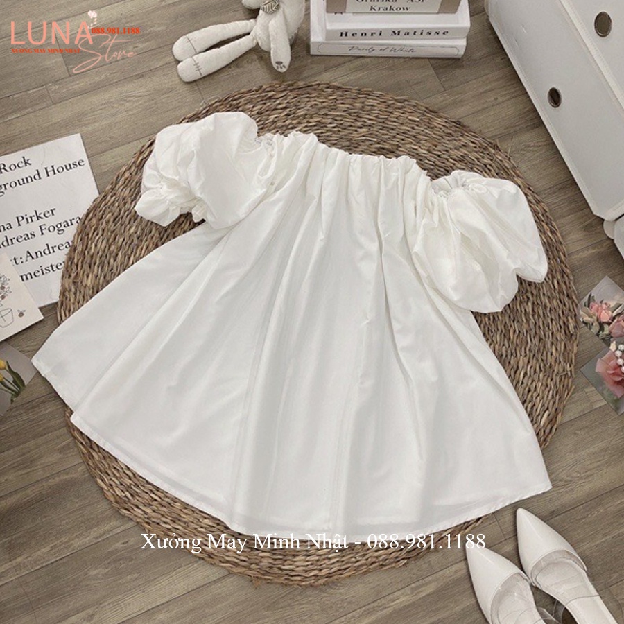 Áo trễ vai tay phồng rộng dáng giấu quần chun ngực - Áo kiểu nữ bánh bèo tay bồng hẹn hò đi học chơi biển tiệc điệu mát
