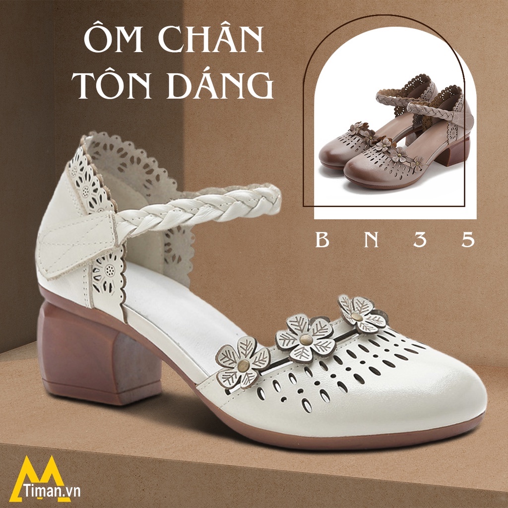 Giày cao gót nữ đế vuông cao 5 phân màu trắng mũi nhọn kiểu nơ đính đá bít mũi 7 phân bảo hành 1 năm BN35 TIMAN