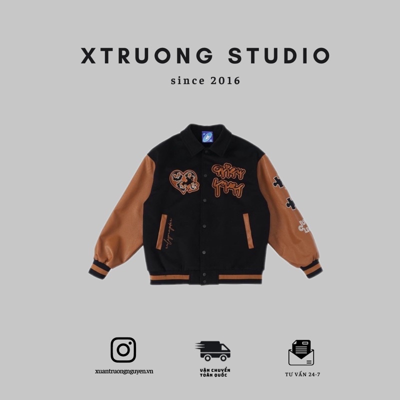 Áo khoác bomber varsity jacket nam nữ LOGICAL màu đen tay nâu cafe cực chất XTRUONG 2021 [ Có ảnh thật phía sau ]