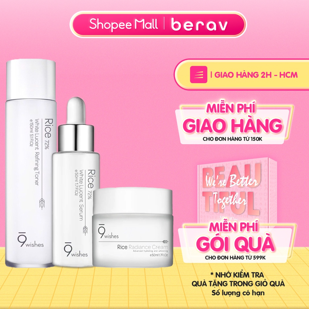 Nước Hoa Hồng, Serum và Kem Dưỡng Ẩm Trắng Da Chiết Xuất Gạo 9Wishes Rice Radiance (Serum 50ml + Cream 50ml+Toner 150ml)