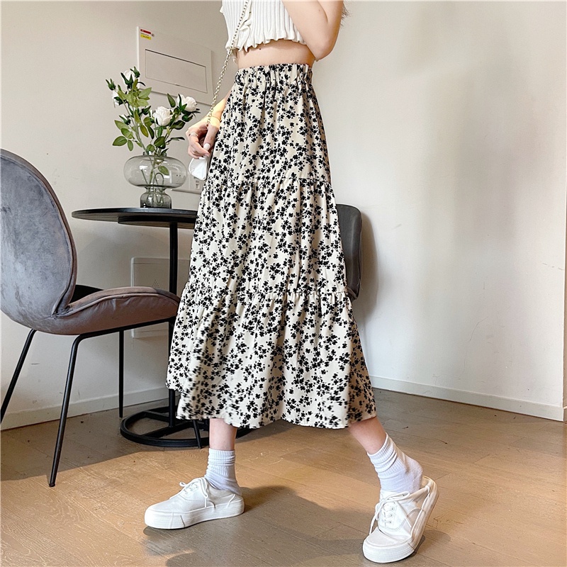 SUXI Chân váy hoa chữ A lưng cao co giãn phong cách retro cho nữ