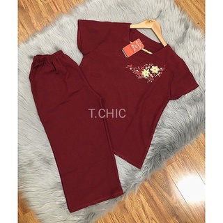 Đồ bộ trung niên nữ bộ đũi trung niên cho mẹ quần sớ lỡ và quần dài áo cộc tay thêu hoa ngực