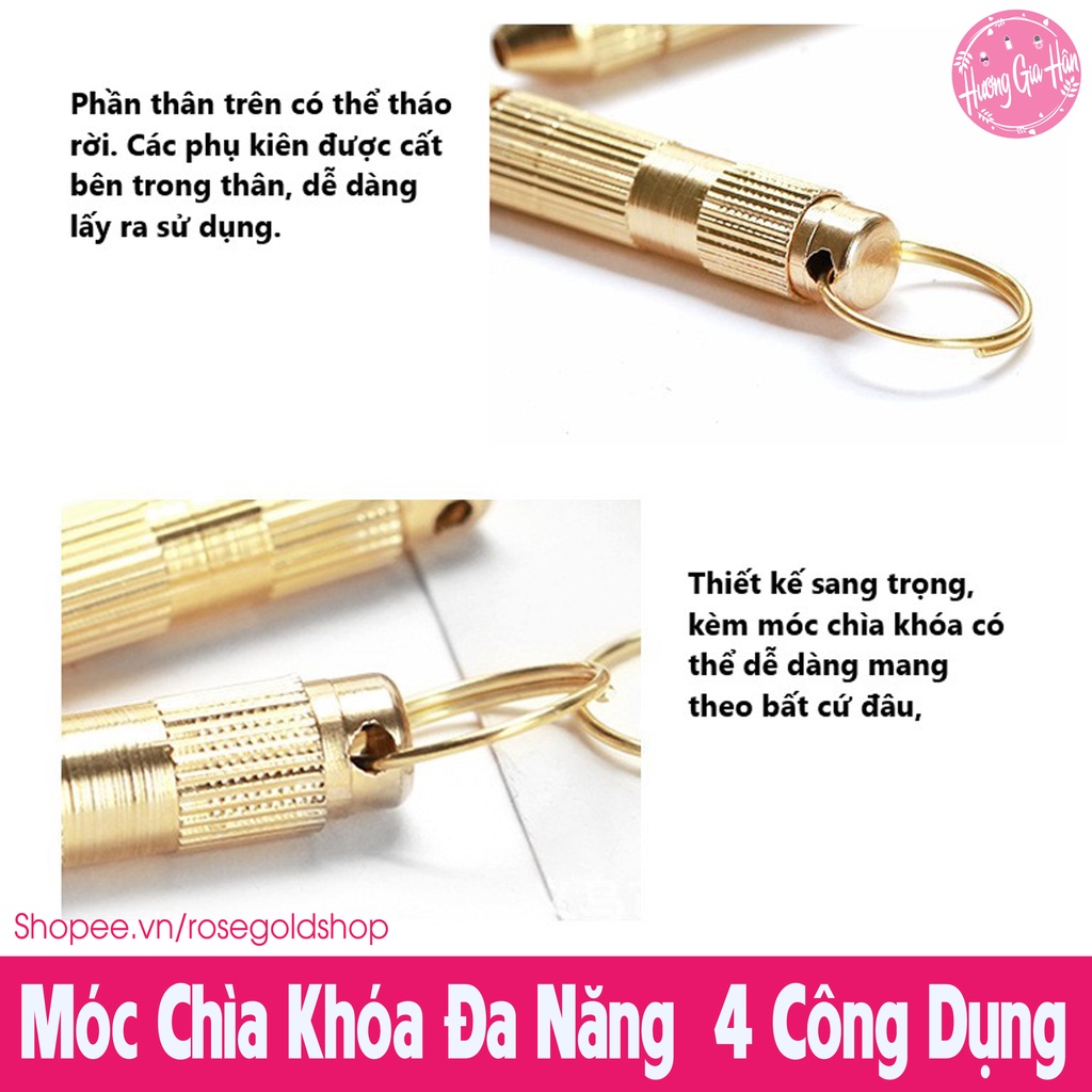 Móc Chìa Khóa Tích Hợp 4 Công Dụng: Lấy Ráy Tai, Nặn Mụn, 2 Đầu Vặn Vít, Màu Vàng Đồng Sang Trọng