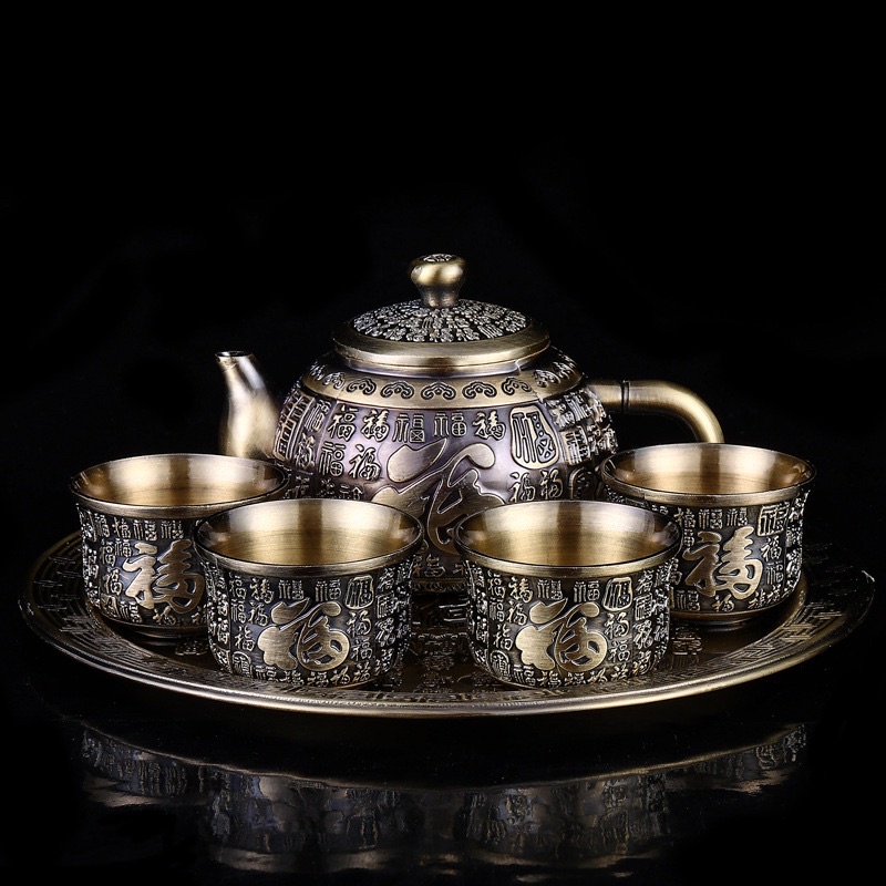 Bộ ấm chén kim loại uống trà để bàn thờ gia tiên