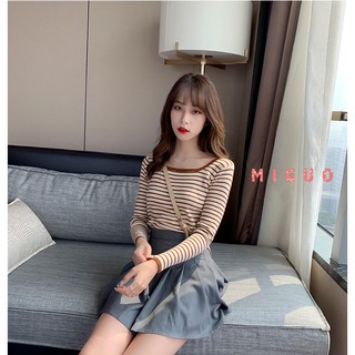 KOREAN STYLE Áo Dệt Kim Tay Dài Cổ Chữ U Kẻ Sọc Ngang Trẻ Trung Phong Cách Hàn Quốc