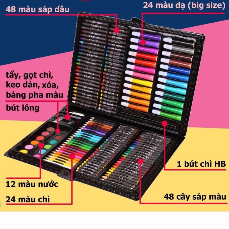 Bộ hộp bút chì màu 150 chi tiết cho bé siêu to, chất liệu an toàn, món quà cho bé yêu