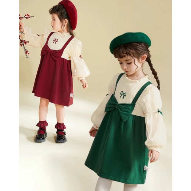 Set Áo Tay Bồng Kèm Váy Nhung Nơ Xinh Bé Gái Chất đẹp