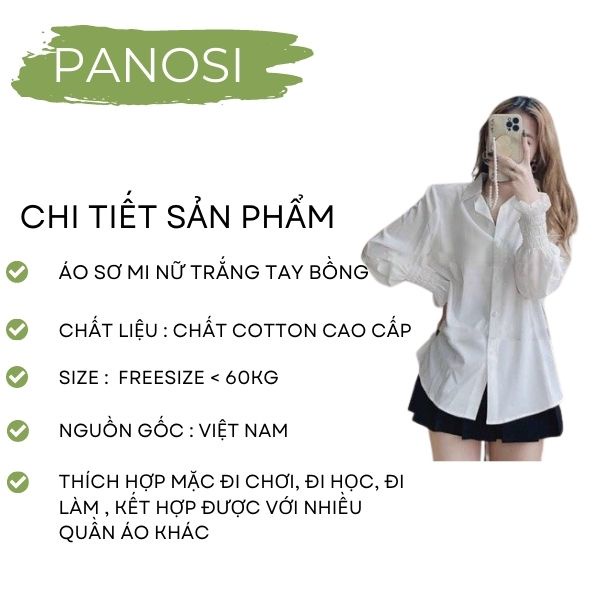 Áo sơ mi trắng nữ áo sơ mi basic nữ tay dài form rộng tay bồng bo chun kiểu dáng trẻ trung năng động - A615 TRẮNG-PANOSI