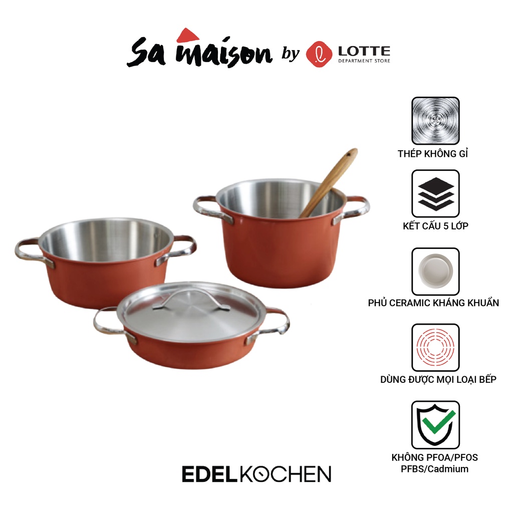 Bộ 3 nồi mini 5 lớp size 20cm phủ gốm Edelkochen - Màu Xanh Mint/Đỏ