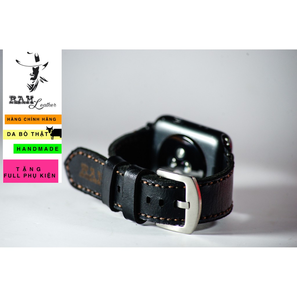 Dây apple watch da bò đen handmade bền chắc cực đẹp cao cấp RAM Leather classic black - tặng khóa chốt và adapter