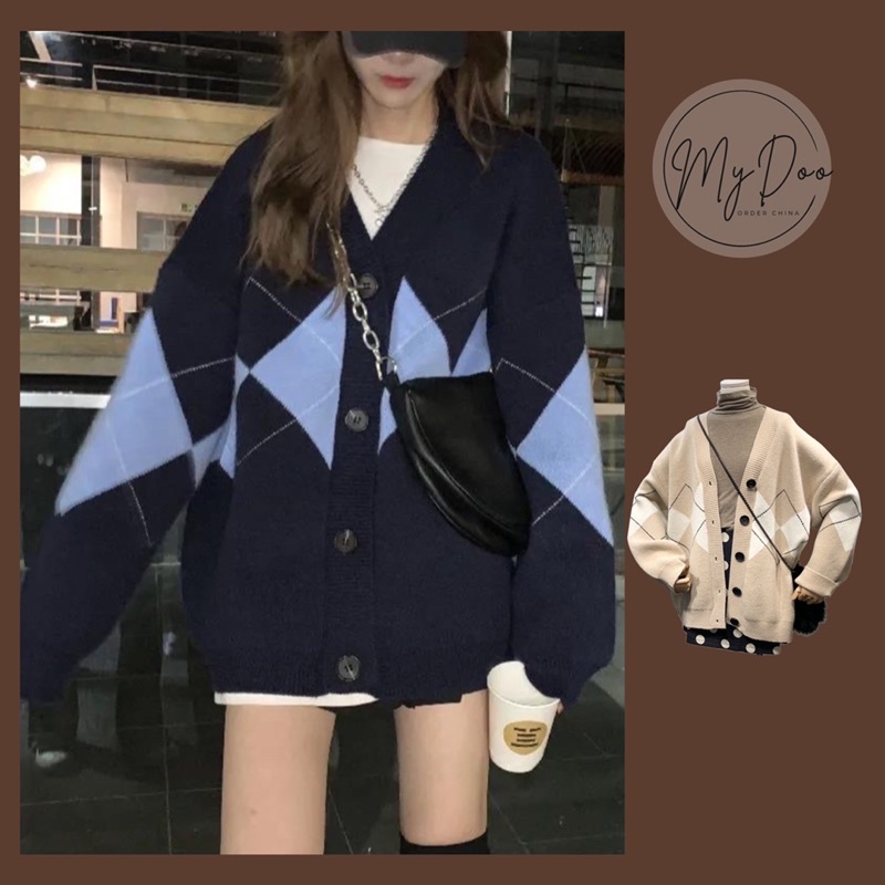 Áo khoác cardigan len nữ Quảng châu họa tiết hình thoi kim cương trám caro phong cách hàn quốc vintage ulzzang - CLG05